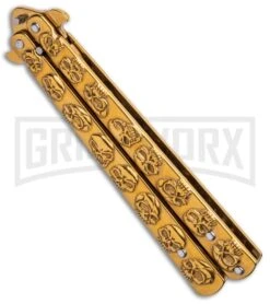 Gold Skull Balisong Butterfly Knife - Gold Plain -Kershaw Store Gold Skull Balisong Drop Point Butterfly Knife GX 37608 td side large
