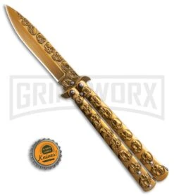 Gold Skull Balisong Butterfly Knife - Gold Plain -Kershaw Store Gold Skull Balisong Drop Point Butterfly Knife GX 37608 td size large