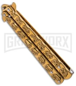 Gold Skull Balisong Butterfly Knife - Gold Plain -Kershaw Store Gold Skull Balisong Drop Point Butterfly Knife GX 37608 td spine large