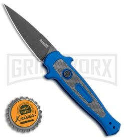 Kershaw Launch 12 Blue Aluminum/CF Mini Stiletto Automatic Knife - Black Plain -Kershaw Store Kershaw Launch 12 Mini Stiletto Automatic Knife Blue 2.5 Black 7125BLUBLK BHQ 117960 LS Spine large