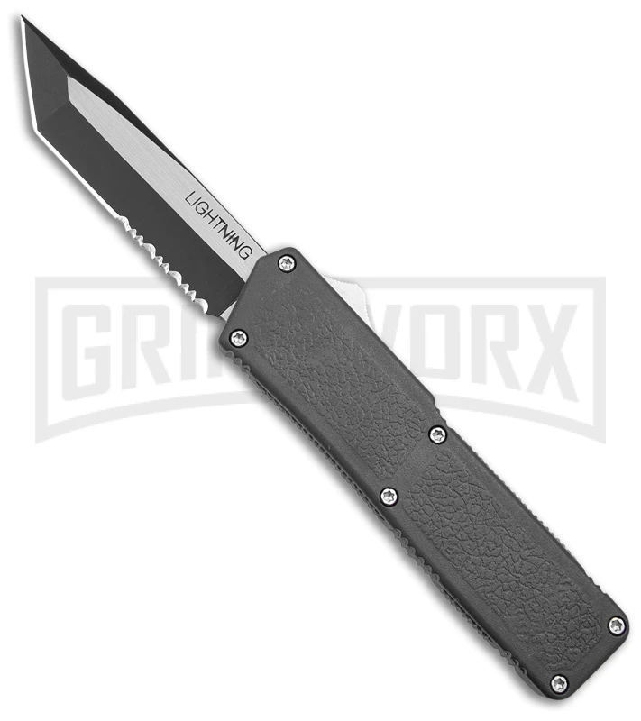 Lightning Gray D/A OTF Automatic Knife - Tanto Two Tone Serrated 3 Lightning Gray D/A OTF Automatic Knife - Tanto Two Tone Serrated