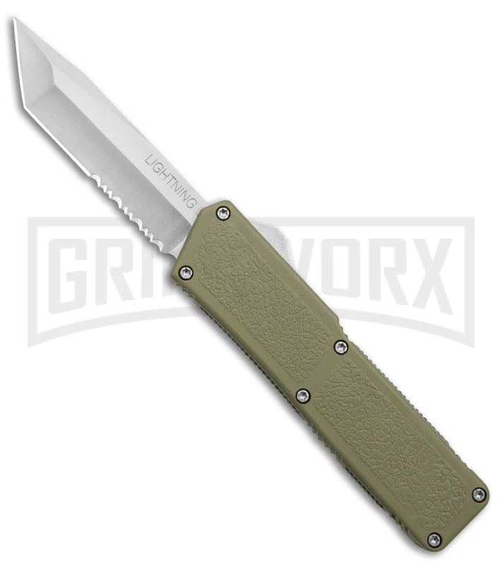 Lightning OD Green D/A OTF Automatic Knife - Tanto Satin Serr 3 Lightning OD Green D/A OTF Automatic Knife - Tanto Satin Serr