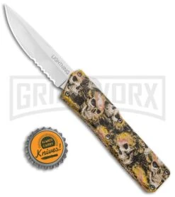 Lightning Skull Camo D/A OTF Automatic Knife - Satin Serr -Kershaw Store Lightning Skull DA DP OTF Auto Satin Serr GX 33339 jr bottlecap large