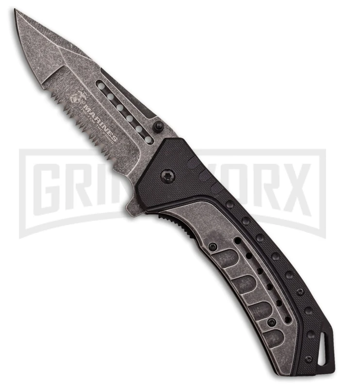 M-Tech USMC Iron Clad Black/Gray Spring Assisted Knife - Black Stonewash Serr 3 M-Tech USMC Iron Clad Black/Gray Spring Assisted Knife - Black Stonewash Serr