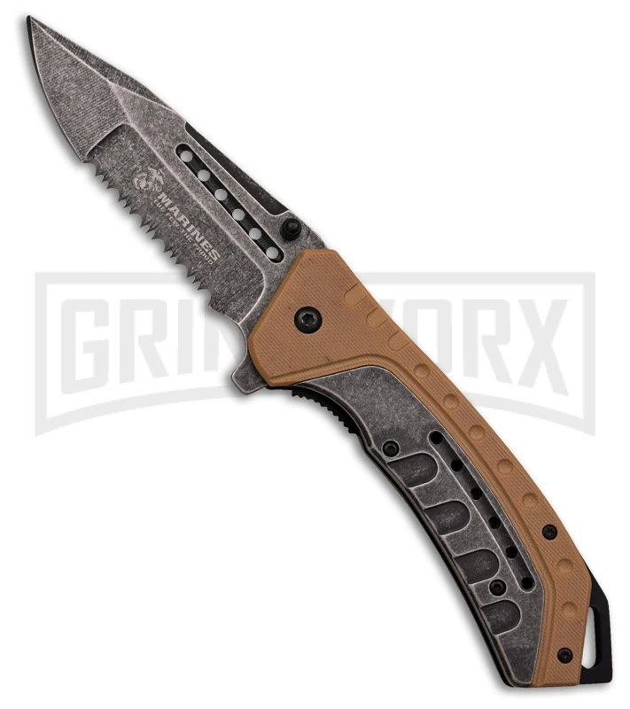 M-Tech USMC Iron Clad Brown/Gray Spring Assisted Knife - Black Stonewash Serr 3 M-Tech USMC Iron Clad Brown/Gray Spring Assisted Knife - Black Stonewash Serr