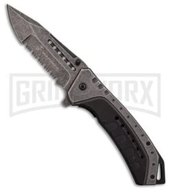 M-Tech USMC Iron Clad Gray/Black Spring Assisted Knife - Black Stonewash Serr