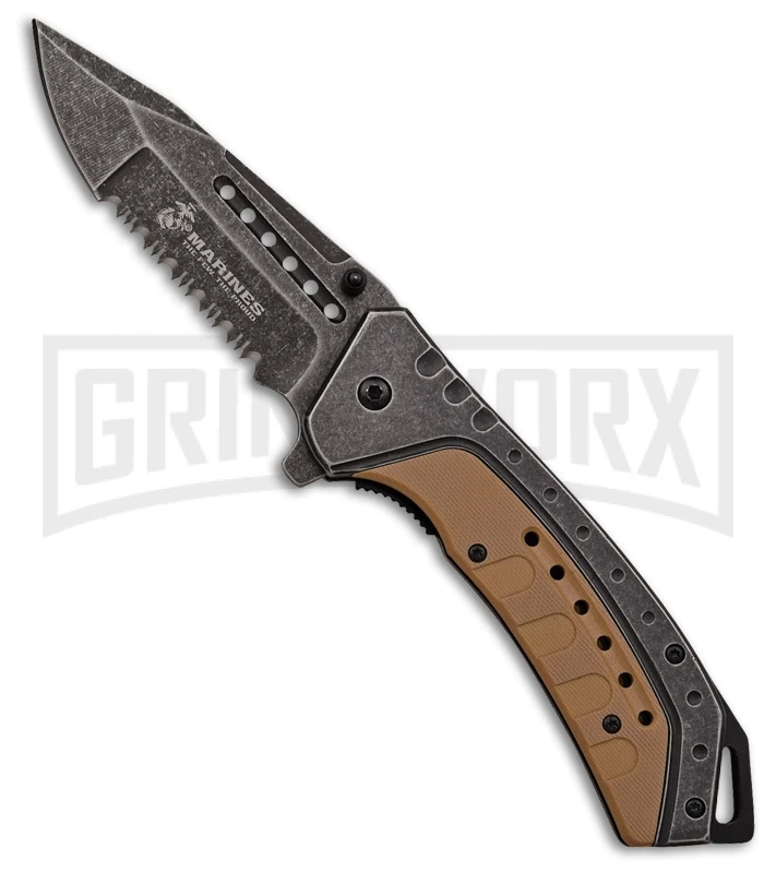 M-Tech USMC Iron Clad Gray/Brown Spring Assisted Knife - Black Stonewash Serr 3 M-Tech USMC Iron Clad Gray/Brown Spring Assisted Knife - Black Stonewash Serr
