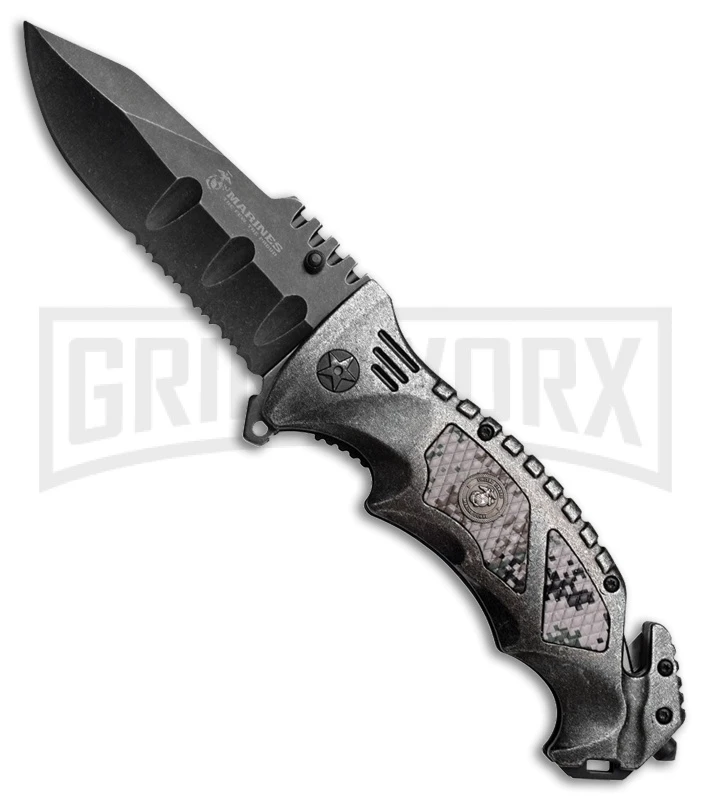 M-Tech USMC Crasher Urban Camo Spring Assisted Knife - Black Stonewash Serr 3 M-Tech USMC Crasher Urban Camo Spring Assisted Knife - Black Stonewash Serr