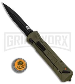 M&P Spring Assisted OD Green OTF Spear Point Knife - Black Plain -Kershaw Store MP OTF Spear Point OD Green Black BHQ 89672 er bottlecap 2 large