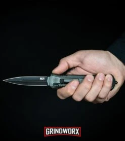 Smith & Wesson Spring Assisted Finger Actuator Spear Point OTF - Black Serr -Kershaw Store MP OTF Spring Assisted Spear Point Knife Gray Black BHQ 80731 kp in hand web large 1