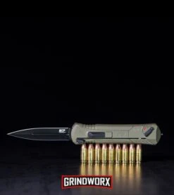 M&P Spring Assisted OD Green OTF Spear Point Knife - Black Plain -Kershaw Store MP OTF Spring Assisted Spear Point Knife OD Green Black Exclusive BHQ89672 kp black with bullets web large