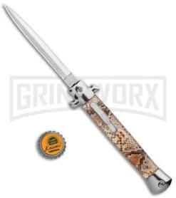 Mago 11" Tan Diamondback OTF Automatic Dagger Knife - Satin Plain -Kershaw Store Mago 11in Diamondback Italian Dagger OTF Auto Satin GX 37081 jr bottlecap large