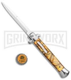 Mago 11" Yellow Acrylic Italian Stiletto OTF Automatic Knife - Satin Bayonet -Kershaw Store Mago 11in Yellow Acrylic Italian Stiletto OTF Auto Bayo Satin GX 37556 jr bottlecap large