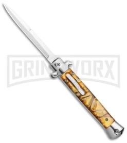 Mago 11" Yellow Acrylic Italian Stiletto OTF Automatic Knife - Satin Bayonet