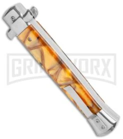 Mago 11" Yellow Acrylic Italian Stiletto OTF Automatic Knife - Satin Bayonet -Kershaw Store Mago 11in Yellow Acrylic Italian Stiletto OTF Auto Bayo Satin GX 37556 jr side large