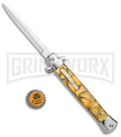 Mago 11" Yellow Acrylic Stiletto OTF Automatic Knife - Satin Bayo W/o Clip -Kershaw Store Mago 11in Yellow Acrylic Stiletto OTF Auto Satin Bayo without Clip GX 38911 jr bottlecap large