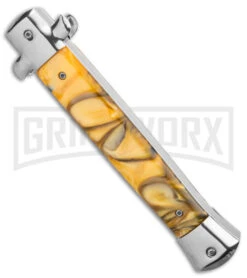 Mago 11" Yellow Acrylic Stiletto OTF Automatic Knife - Satin Dagger W/o Clip -Kershaw Store Mago 11in Yellow Acrylic Stiletto OTF Auto Satin Dagger without Clip GX 38932 jr side large