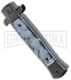 Mago 9" Black Smoke Abyss Italian Stiletto OTF Automatic Knife - Black Bolsters -Kershaw Store Mago 9in Black Smoke Abyss Italian Stiletto OTF Black Bolsters Satin GX 36248 jr side large