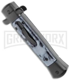 Mago 9" Black Smoke Abyss Italian Stiletto OTF Automatic Knife - Black Bolsters -Kershaw Store Mago 9in Black Smoke Abyss Italian Stiletto OTF Black Bolsters Satin GX 36248 jr spine large