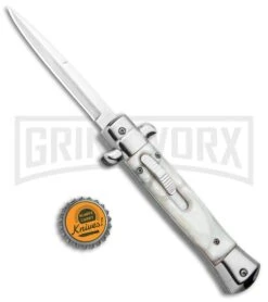 Mago 9" White Marble Italian Stiletto OTF Auto Bayo - Satin Plain -Kershaw Store Mago 9in White Marble Italian Stiletto OTF Auto Satin GX 33810 jr bottlecap large