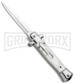 Mago 9" White Marble Italian Stiletto OTF Auto Bayo - Satin Plain