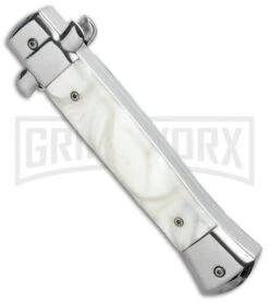 Mago 9" White Marble Italian Stiletto OTF Auto Bayo - Satin Plain -Kershaw Store Mago 9in White Marble Italian Stiletto OTF Auto Satin GX 33810 jr side large