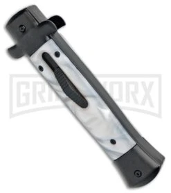 Mago 9" White Marble Italian Stiletto OTF Auto Knife Black Bolsters (Satin Bayo) -Kershaw Store Mago 9in White Marble Italian Stiletto OTF Black Bolsters Bayo Satin GX 33950 jr spine large