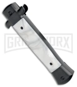 Mago 9" White Marble Italian Stiletto OTF Auto Knife Black Bolsters (Satin Dag) -Kershaw Store Mago 9in White Marble Italian Stiletto OTF Black Bolsters Dagger Satin GX 33951 jr side large