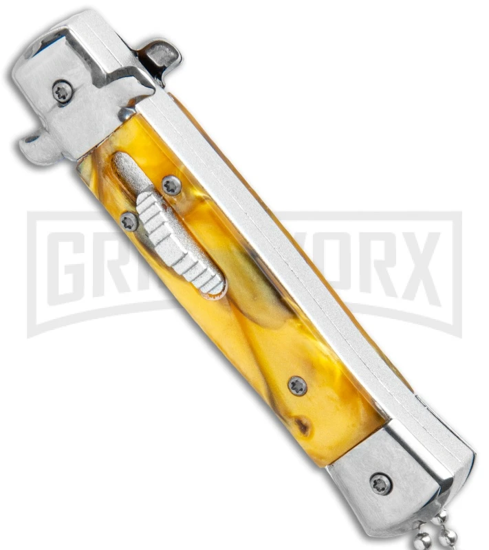 Mago 4.75" Mini Stiletto OTF Automatic Knife - Yellow Marble 4 Mago 4.75" Mini Stiletto OTF Automatic Knife - Yellow Marble - Image 2