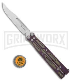 Maxace Unicorn Purple/Green G-10 Balisong Butterfly Knife - Bowie Satin Plain -Kershaw Store Maxace Unicorn Balisong Butterfly Purple Green G10 Satin Bowie GX 40491 jr bottlecap large