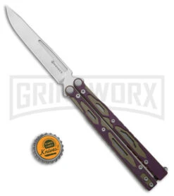 Maxace Unicorn Purple/Green G-10 Butterfly Knife - Spear Point Satin Plain -Kershaw Store Maxace Unicorn Balisong Butterfly Purple Green G10 Satin SP GX 40487 jr bottlecap large
