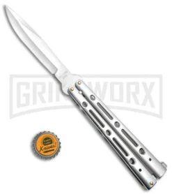 Mega Flick XL Silver Balisong Butterfly Knife - Satin Plain -Kershaw Store Mega Flick XL Balisong Butterfly Silver M 132 SL BP 19707 jr bottlecap large