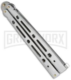 Mega Flick XL Silver Balisong Butterfly Knife - Satin Plain -Kershaw Store Mega Flick XL Balisong Butterfly Silver M 132 SL BP 19707 jr spine large