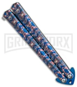 Chalkhill Balisong Butterfly Knife - Blue Spear Point Pattern Handles -Kershaw Store Patterned Balisong Spear Point Butterfly Knife Blue Finish GX 37654 td side large