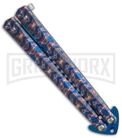Chalkhill Balisong Butterfly Knife - Blue Spear Point Pattern Handles -Kershaw Store Patterned Balisong Spear Point Butterfly Knife Blue Finish GX 37654 td spine large