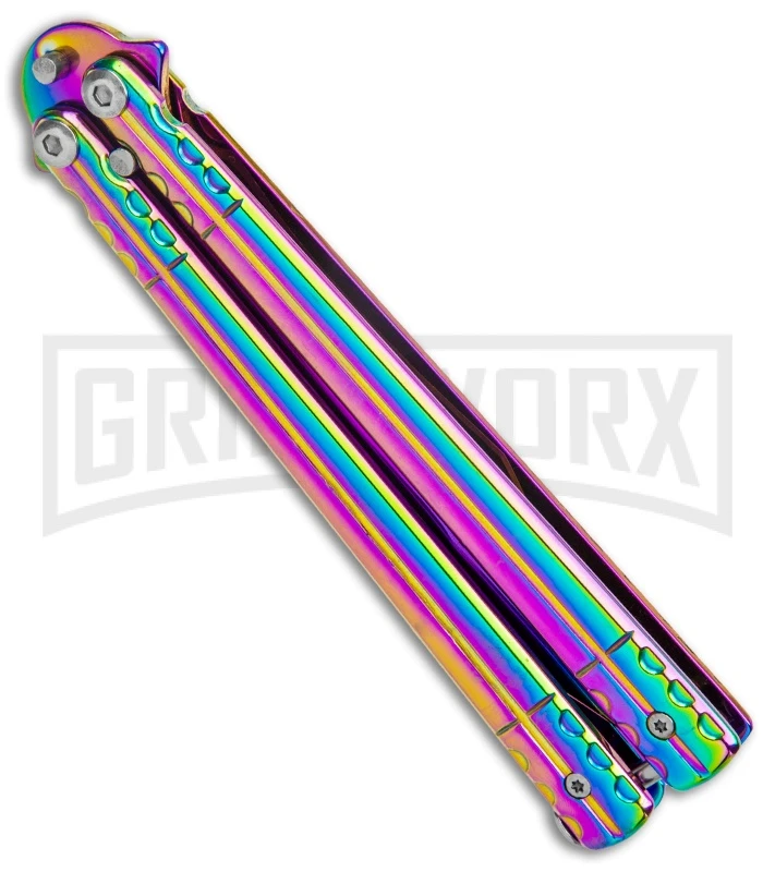 Rainbow Balisong Tanto Compound Butterfly Knife - Rainbow Plain 5 Rainbow Balisong Tanto Compound Butterfly Knife - Rainbow Plain - Image 3