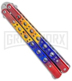 Red/Yellow/Blue Balisong Butterfly Knife (4.25" Satin) -Kershaw Store Red Yellow Blue Balisong Butterfly Satin GX 37519 jr spine large