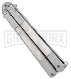 Regal Flipper White Swirl Balisong Butterfly Knife - Satin Plain -Kershaw Store Regal Flipper White Swirl Balisong Butterfly Satin BHQ 177230 jr side large