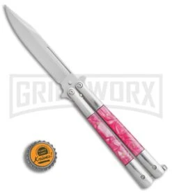 Regal Flipper Balisong Pink Swirl Acrylic Butterfly Knife - Satin Plain -Kershaw Store Regal Flipper pink swirl acrylic satin plain BP 22056 er bottlecap large