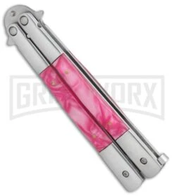Regal Flipper Balisong Pink Swirl Acrylic Butterfly Knife - Satin Plain -Kershaw Store Regal Flipper pink swirl acrylic satin plain BP 22056 er side large