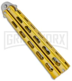 Ronin Gear Yellow Balisong Trainer Butterfly Knife - Satin Plain -Kershaw Store Ronin Gear Gold Balisong Trainer Butterfly Satin GX 37366 jr side large