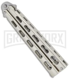 Ronin Gear Silver Balisong Trainer Butterfly Knife - Satin Plain -Kershaw Store Ronin Gear Silver Balisong Trainer Butterfly Satin GX 37347 jr side large