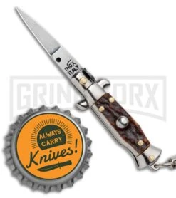 SKM 4" Italian Stiletto Keychain Stag Automatic Knife - Satin Plain -Kershaw Store SKM 4in Italian Stiletto Keychain Stag Auto Satin Plain GX 36961 jr bottlecap large