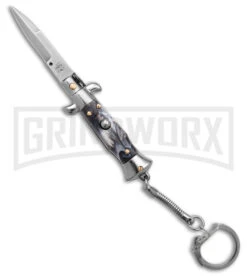 SKM 4" Italian Stiletto Gray Acrylic Automatic Knife Keychain - Bayo
