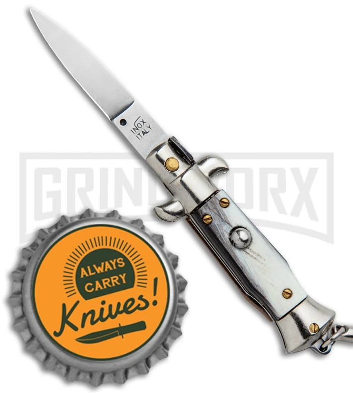 SKM 4" Italian Stiletto Brazilian Horn Automatic Knife Keychain - Flat Grind 6 SKM 4" Italian Stiletto Brazilian Horn Automatic Knife Keychain - Flat Grind - Image 4