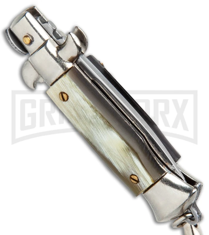 SKM 4" Italian Stiletto Brazilian Horn Automatic Knife Keychain - Flat Grind 5 SKM 4" Italian Stiletto Brazilian Horn Automatic Knife Keychain - Flat Grind - Image 3
