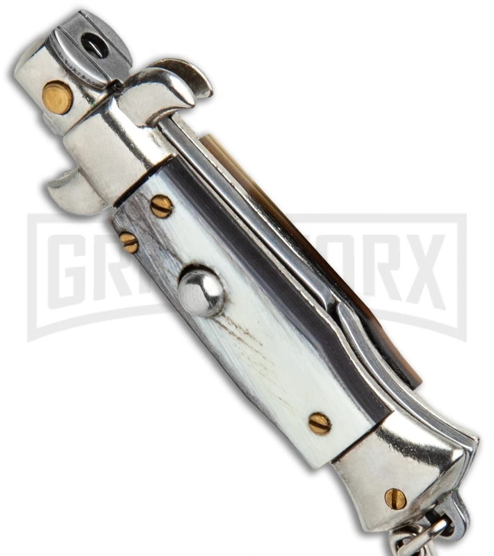 SKM 4" Italian Stiletto Brazilian Horn Automatic Knife Keychain - Flat Grind 4 SKM 4" Italian Stiletto Brazilian Horn Automatic Knife Keychain - Flat Grind - Image 2