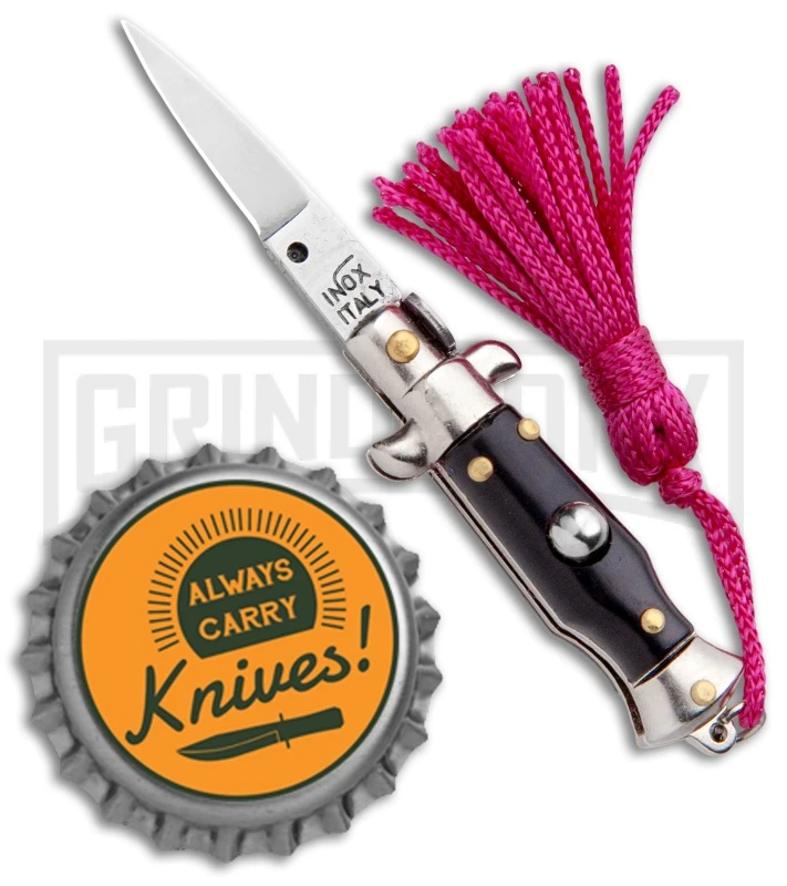 Italian Stiletto Black Automatic Knife Pink Keychain - Flat Grind 6 Italian Stiletto Black Automatic Knife Pink Keychain - Flat Grind - Image 4