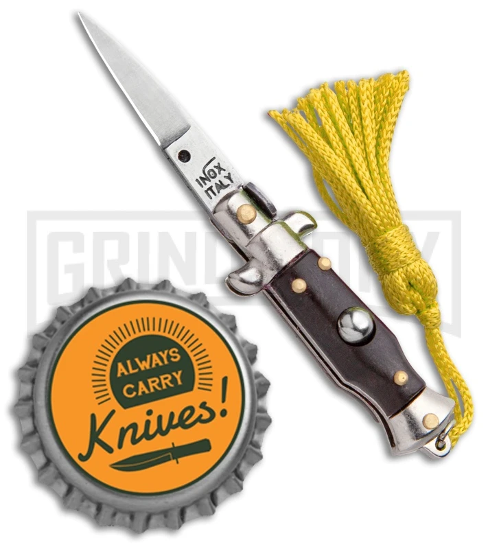 Italian Stiletto Brown Automatic Knife Yellow Keychain - Flat Grind 6 Italian Stiletto Brown Automatic Knife Yellow Keychain - Flat Grind - Image 4