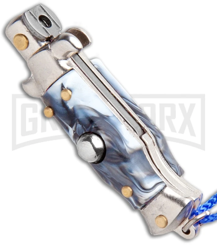 Italian Stiletto Gray Marble Automatic Knife Blue Keychain - Flat Grind 4 Italian Stiletto Gray Marble Automatic Knife Blue Keychain - Flat Grind - Image 2